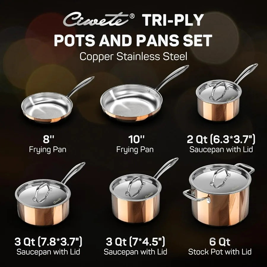 Civete 10-Piece Tri-Ply Stainless Steel Cookware Set – Copper Finish | Induction Ready | Professional-Grade Construction