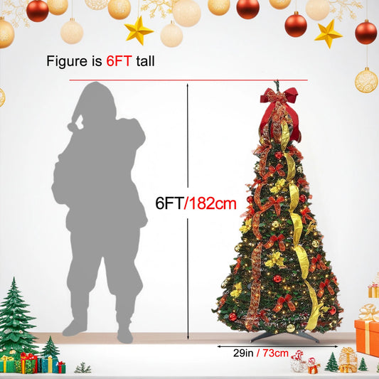 6FT Artificial Christmas Tree with 200 Warm Lights Easy Assembly Collapsible Christmas Tree with Ornaments Christmas Decor