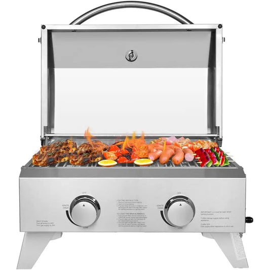 Portable Gas Grill with 2 Burner, 20,000BTU Large Tabletop Camping Propane Griddle for Outdoor Patio Garden BBQ Picnic Tailgating