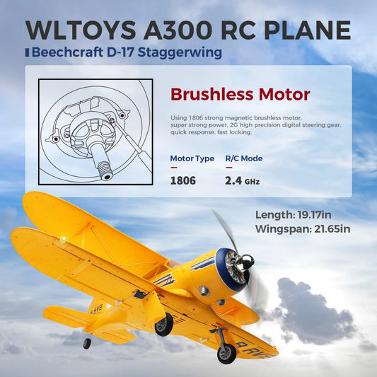 WLtoys A300 Beechcraft D-17 RC Plane – 4 Channel Brushless Remote Control Airplane with Lights, Dual Batteries, 2.4GHz Radio System