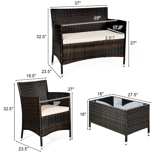 4-Piece Rattan Patio Furniture Set with Cushioned Sofa Chairs & Glass Coffee Table