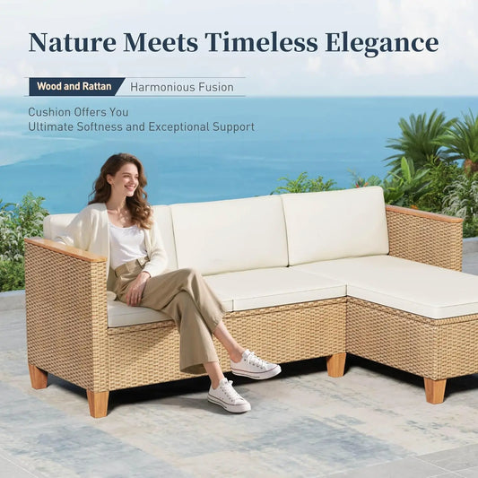 3 Piece Wicker Outdoor Patio Conversation Set, L-Shaped Sectional Sofa Couch with Coffee Table