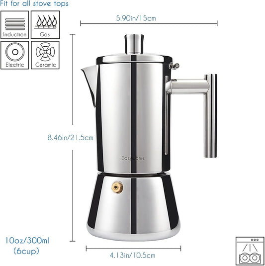 Easyworkz Diego Stovetop Espresso Maker Stainless Steel Italian Coffee Machine Maker 4Cup 6.8 oz Induction Moka Pot