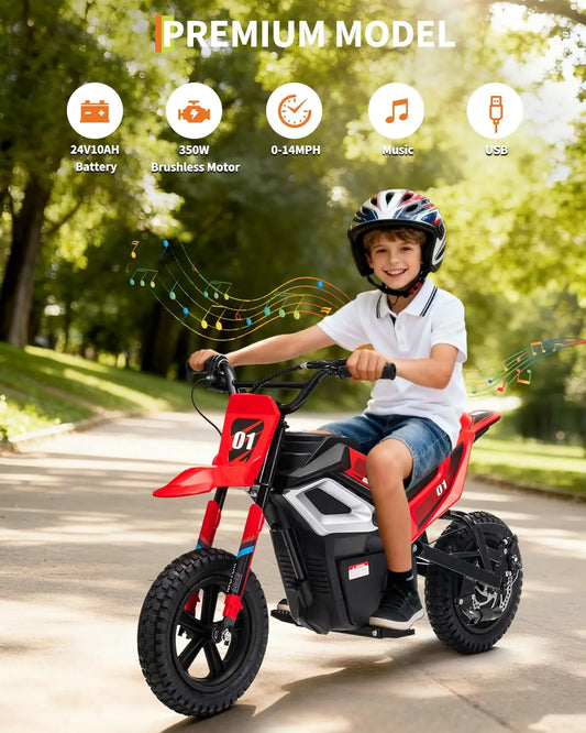 24V 350W Kids Electric Dirt Bike – Ride-On Motorcycle with Bluetooth, Suspension, and Realistic Off-Road Performance
