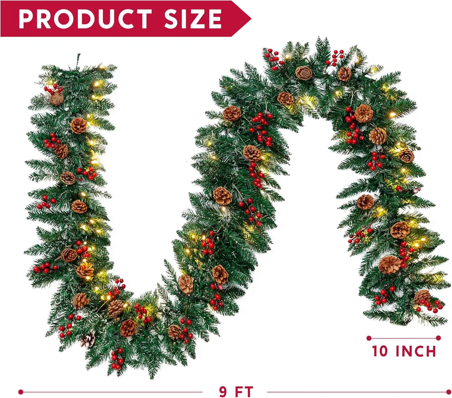 9Ft Artificial Christmas Garland Prelit with LED Lights 27 Pine Cones 27 Red Berries for Home Office Christmas Decorations