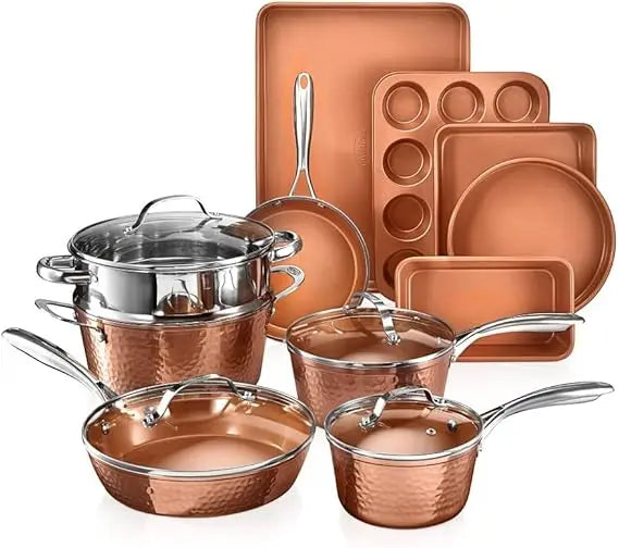 Hammered 15 Pc Ceramic Cookware Set Nonstick Deep Copper Pots and Pans Set Non Stick with Bakeware and Deep Fry Pan Non Toxic P