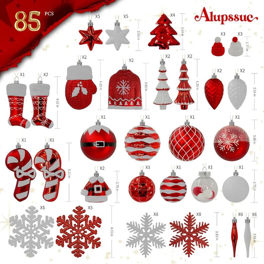 85ct Colorful Shatterproof Plastic Christmas Tree Ornaments Set with Hanging Strings