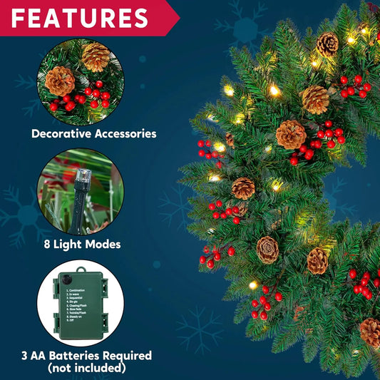 9Ft Artificial Christmas Garland Prelit with LED Lights 27 Pine Cones 27 Red Berries for Home Office Christmas Decorations