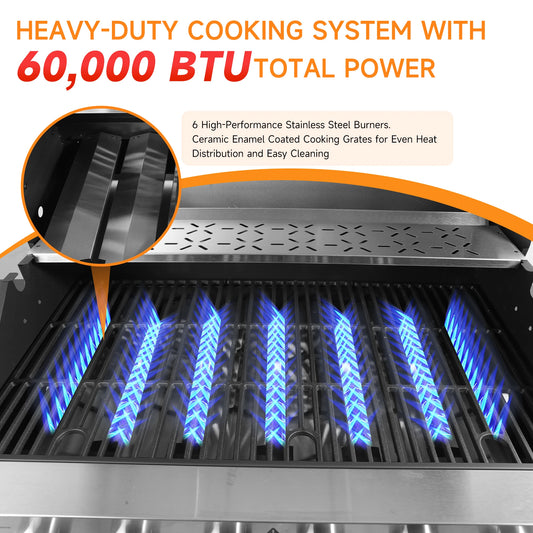 6 Burner Propane Gas Grill, 60,000 BTU Cabinet Outdoor BBQ with Warming Rack, 643 Sq. In. Cooking Area