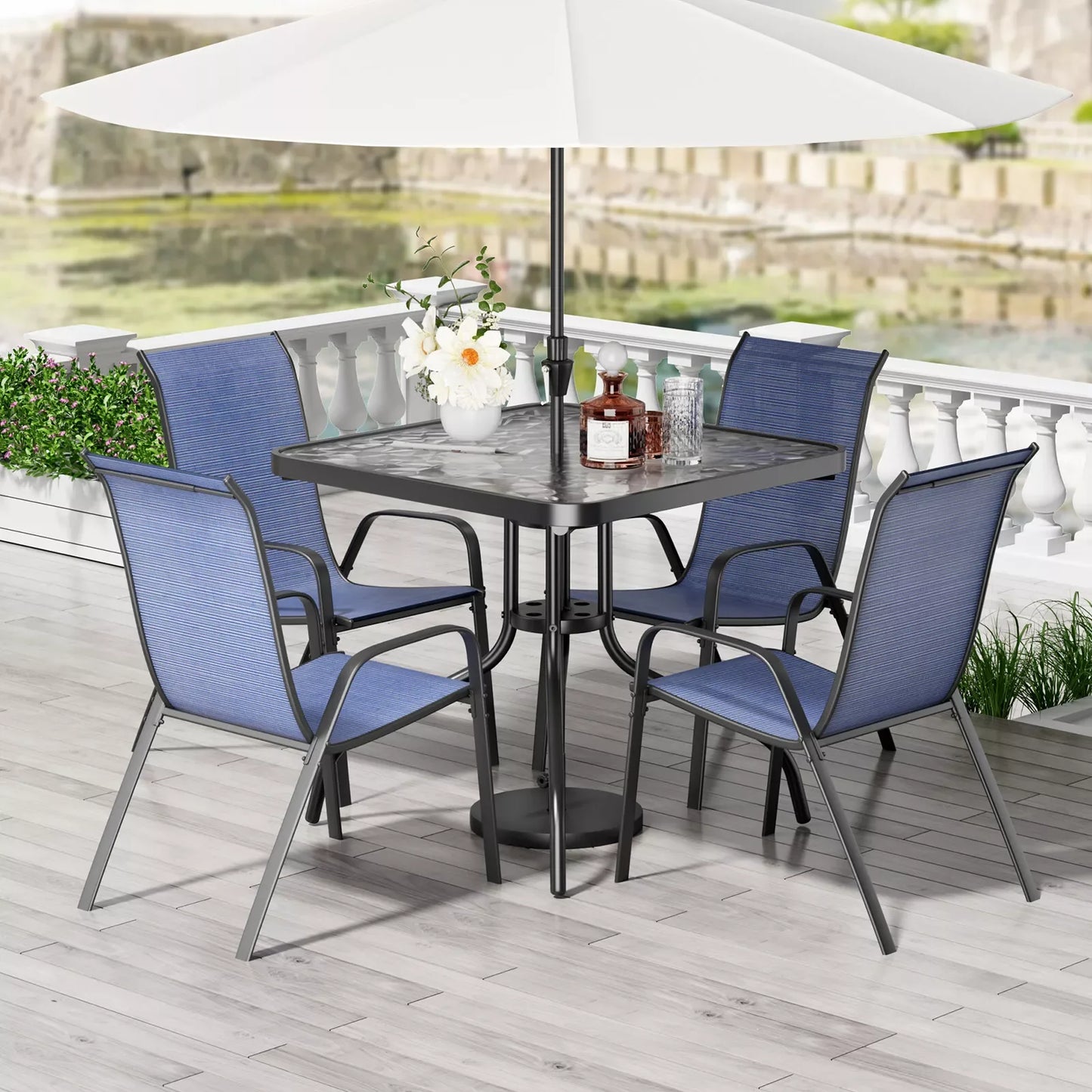 5-Piece Patio Dining Set Outdoor Furniture with Stackable Textilene Chairs & Glass Table