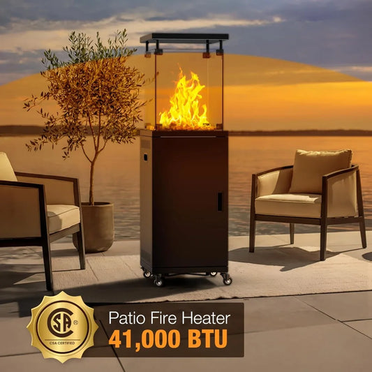 41,000 BTU Propane Patio Heater with Wheels & Cover, CSA Certified Outdoor Heater, Smokeless Stainless Steel Flame, Lockable Casters for Backyard, Patio & Balcony