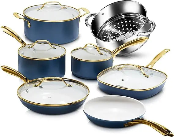 12 Pc Ceramic Cookware Set Nonstick Ceramic Pots and Pans Set Non Stick with Steamer for Cooking Non Toxic PFOA PFOS Free Premi