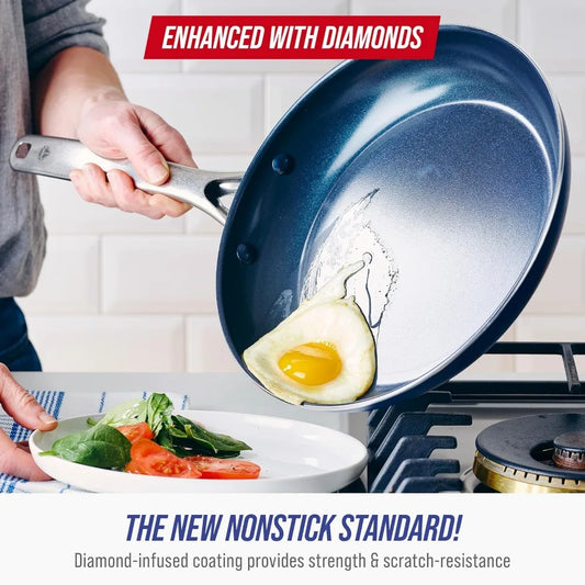 Blue Diamond 10-Piece Nonstick Cookware Set – Diamond Ceramic Coating, Toxin-Free, Dishwasher & Metal Utensil Safe