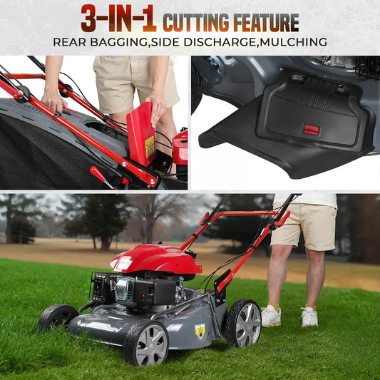 20-Inch Self-Propelled Gas Lawn Mower 173cc Engine Rear Wheel Drive 3-in-1 Mulching Bagging
