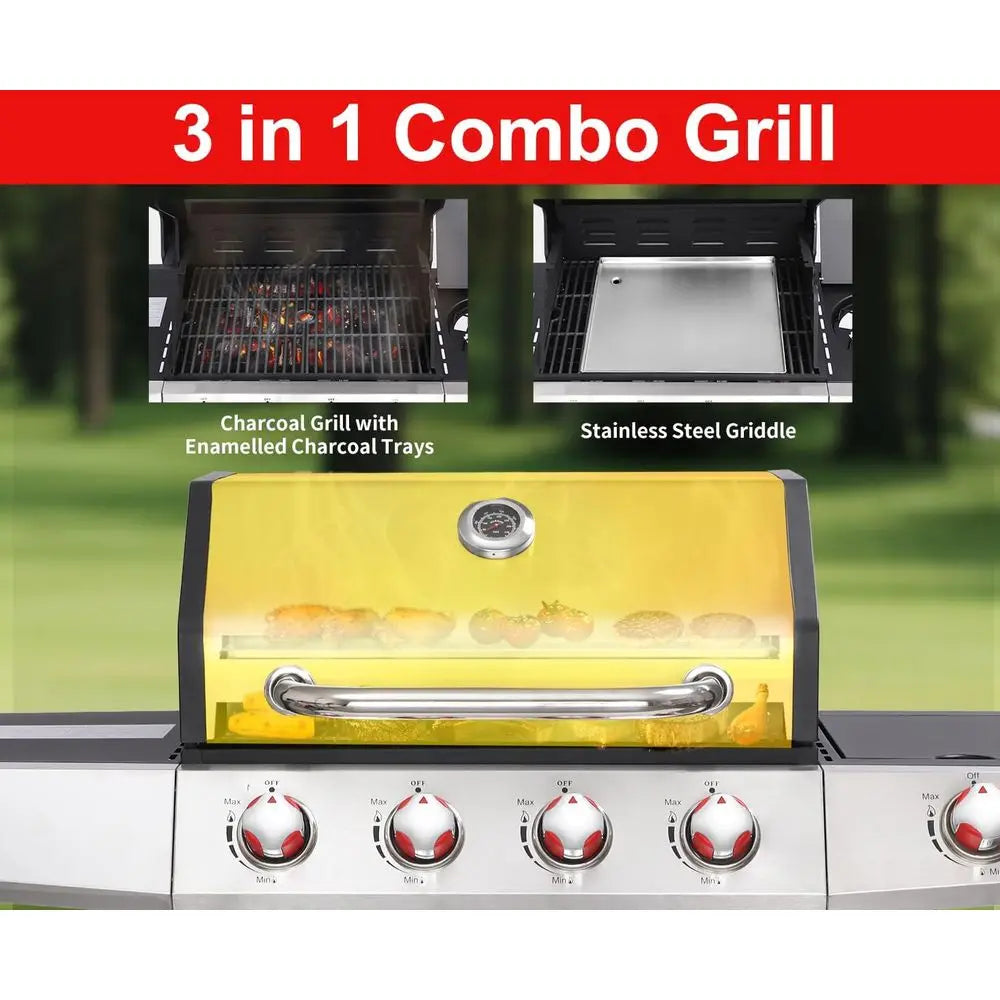 GRIDDLE GRILL COMBO – PROPANE GAS AND CHARCOAL GRILL, OUTDOOR BBQ GRILLS, 4 BURNER PROPANE STOVE WITH GRIDDLE, CAST IRON GRATES