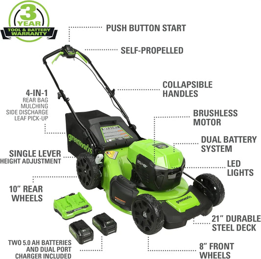 Greenworks 48V 21" Self-Propelled Cordless Lawn Mower – Brushless Motor, 4-in-1 Cutting, Dual 5.0Ah Batteries & Charger, 45 Min Runtime