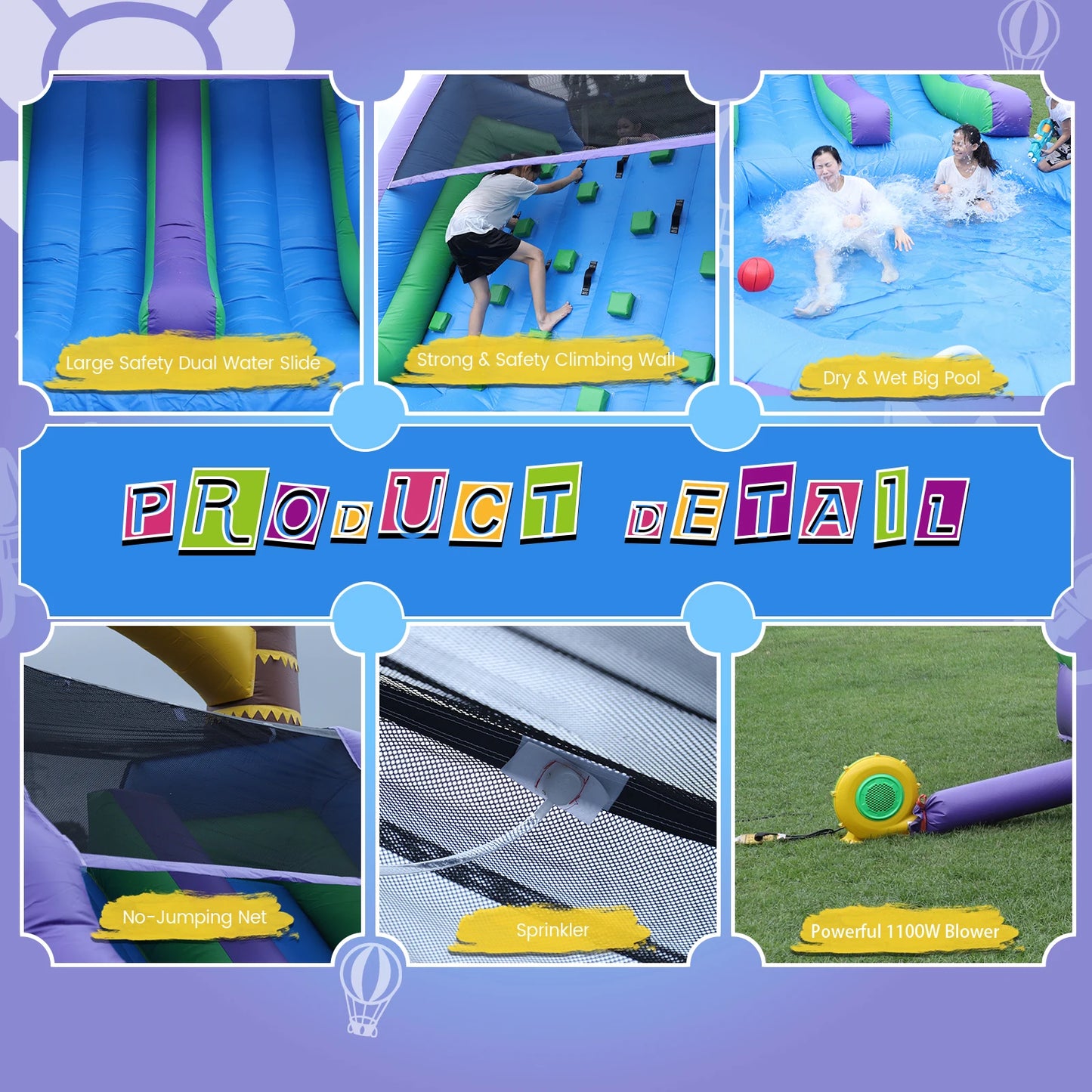 Inflatable sunflower water slide with splash pool, double slides, and air blower