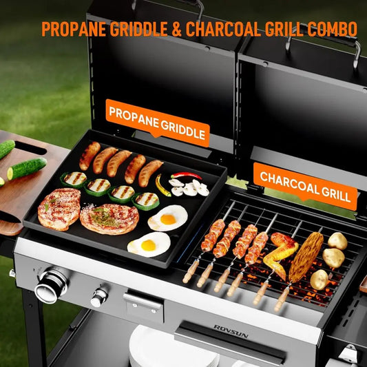 2-in-1 Propane Gas Grill & Charcoal Grill Combo with Lid – 12,000 BTU Gas Griddle + Charcoal BBQ Station