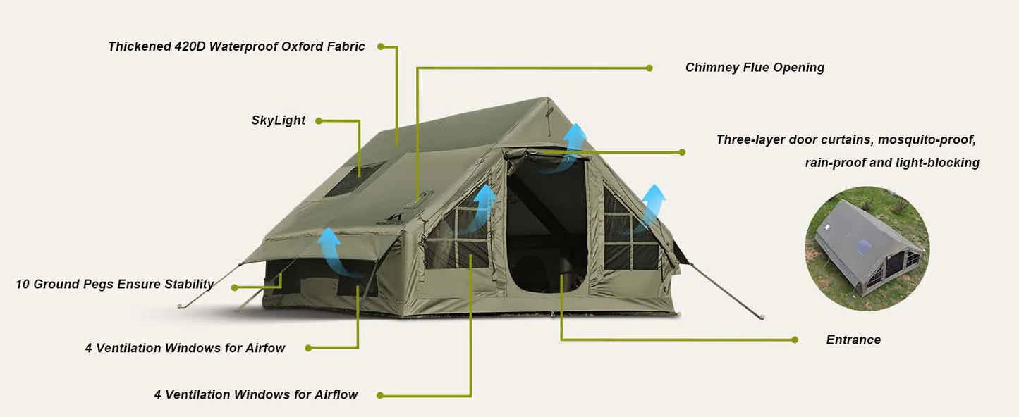 Army Green Waterproof Windproof Inflatable Camping Tent 4-Season Air Glamping Tent House with Chimney Opening & AC Vent