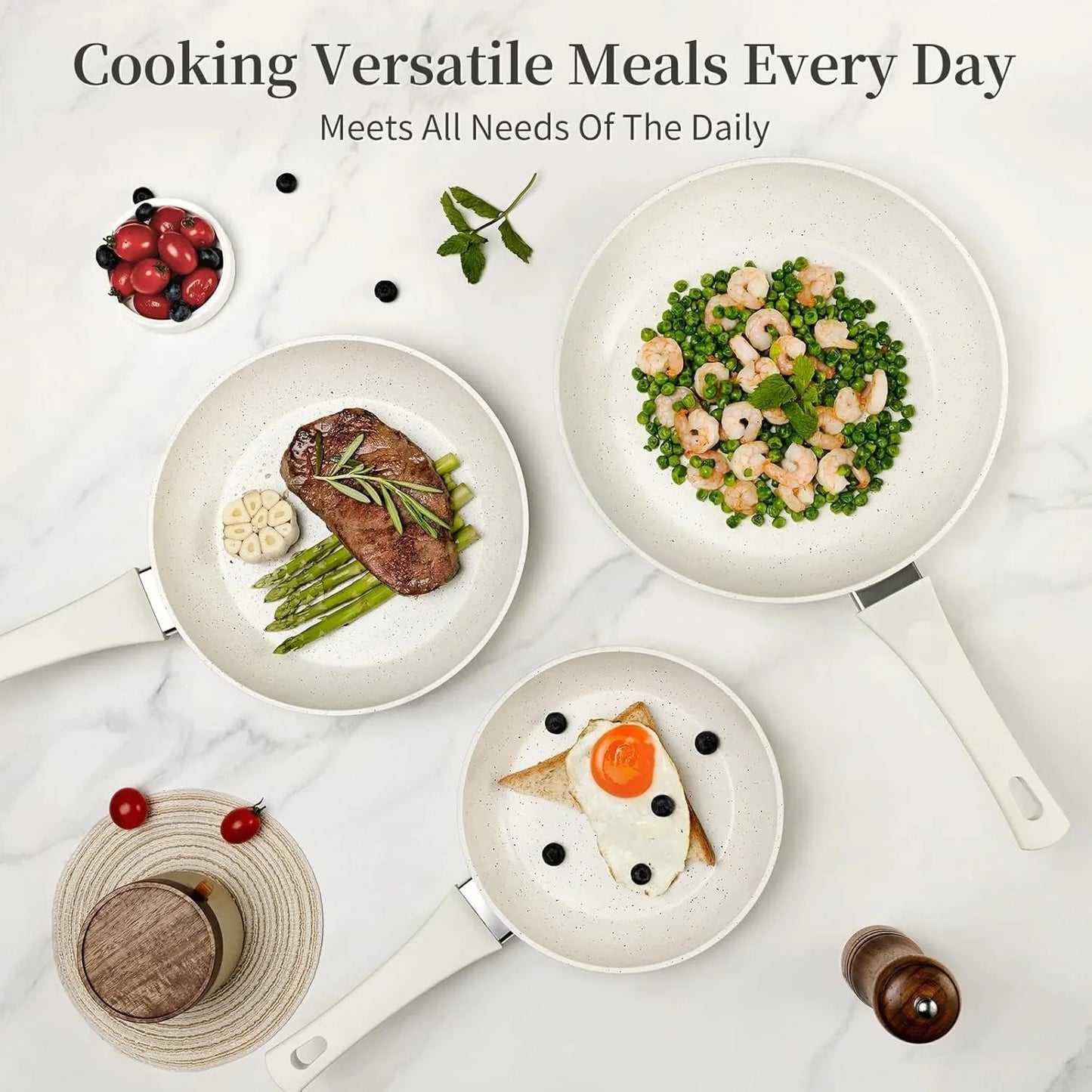 3-Piece Ceramic Nonstick Frying Pan Set with Lids – White Marble Coating, Induction-Ready, Toxin-Free, Oven-Safe up to 302°F