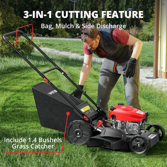 21 Inch Gas Push Lawn Mower 144cc Engine 3-in-1 Mulching Bagging Side Discharge