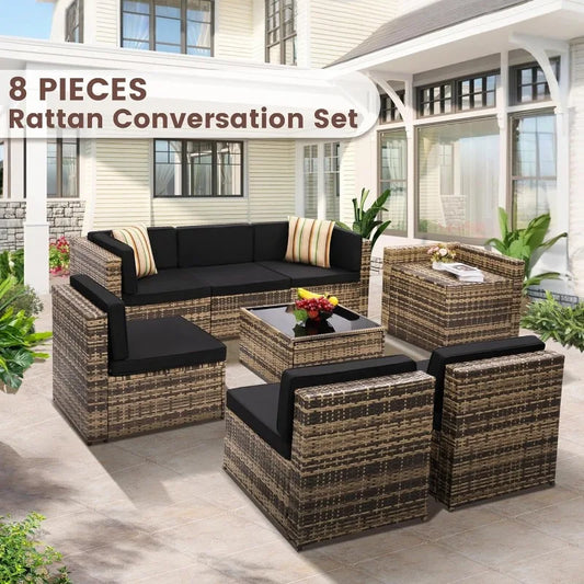 8 Piece Outdoor Wicker Patio Furniture Sectional Set with Glass Top Table & Hidden Storage