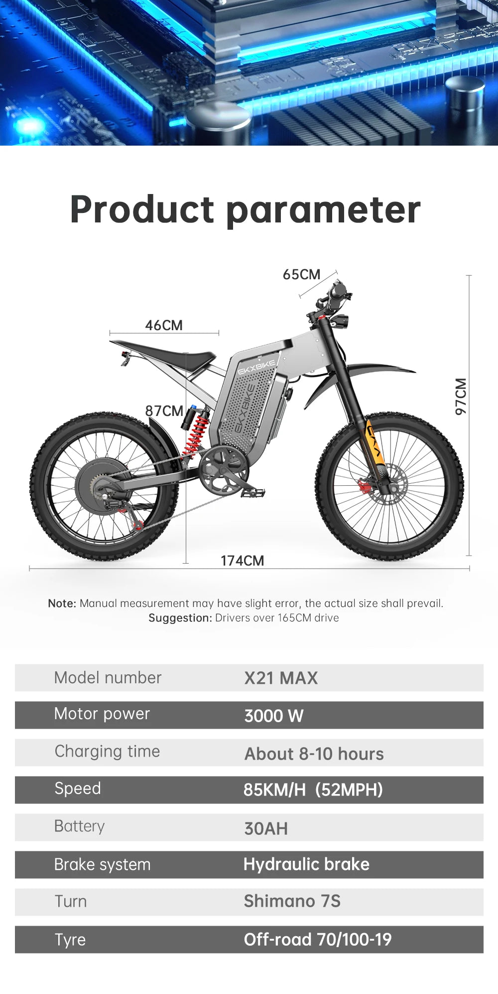 EKXBIKE X21 Max Electric Motorcycle – 3000W Brushless Motor, 60V 30Ah Battery, 85KM/H Speed, Off-Road E-Bike for Adults