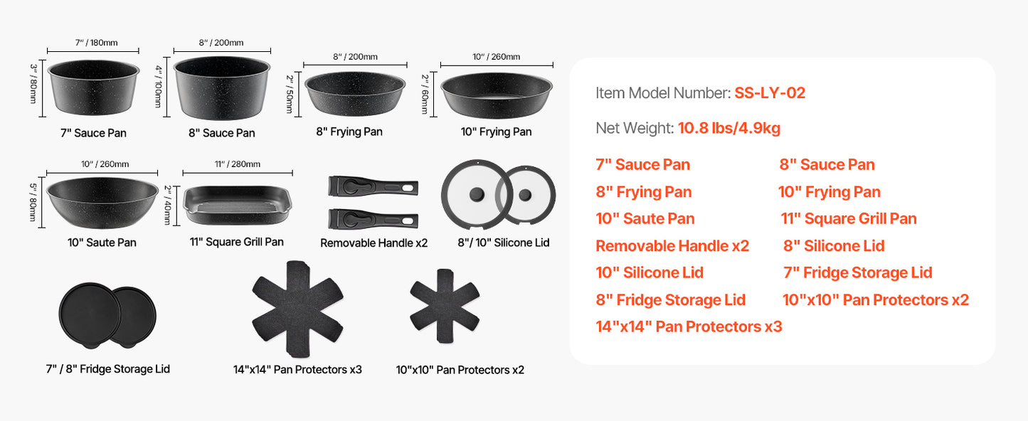 VEVOR 17-Piece Nonstick Cookware Set – Granite Stone Coating, Removable Handle, Induction Compatible, Space-Saving Design