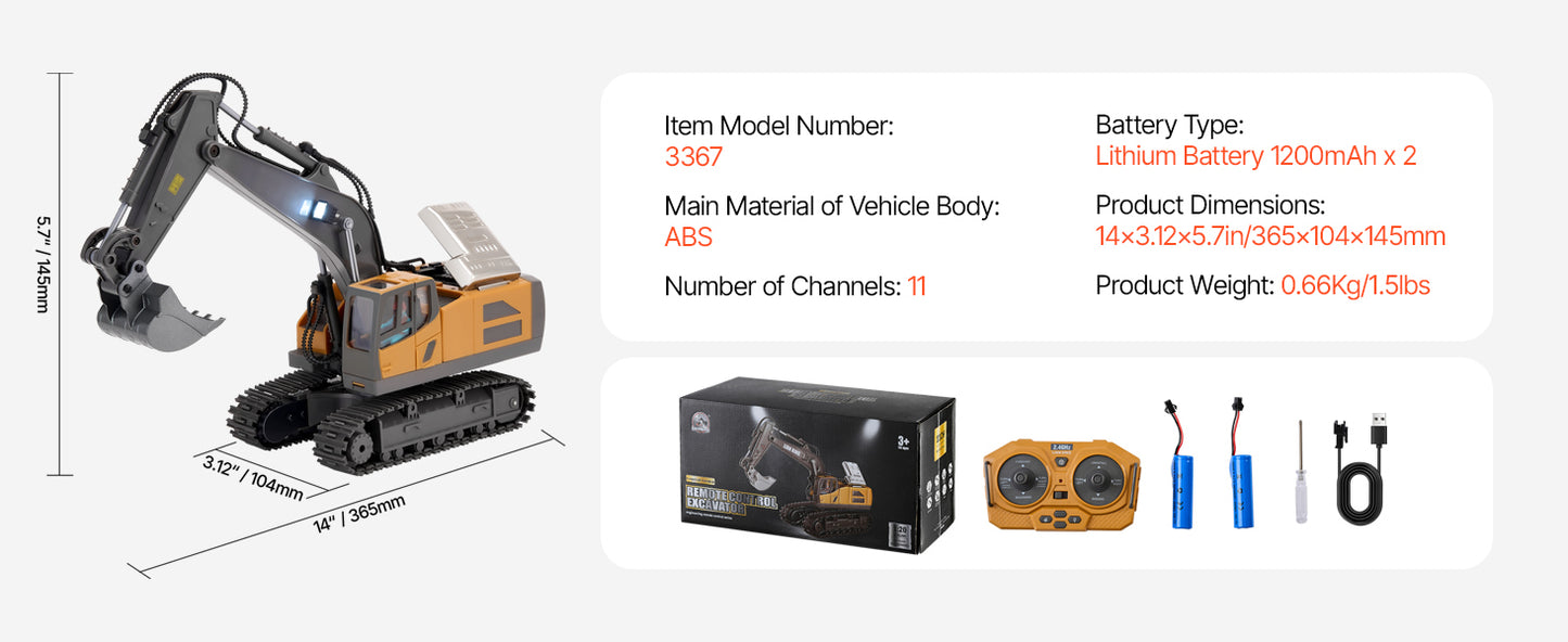 1:20 RC Excavator – 11 Channel Construction Vehicle with Sounds & LED Lights