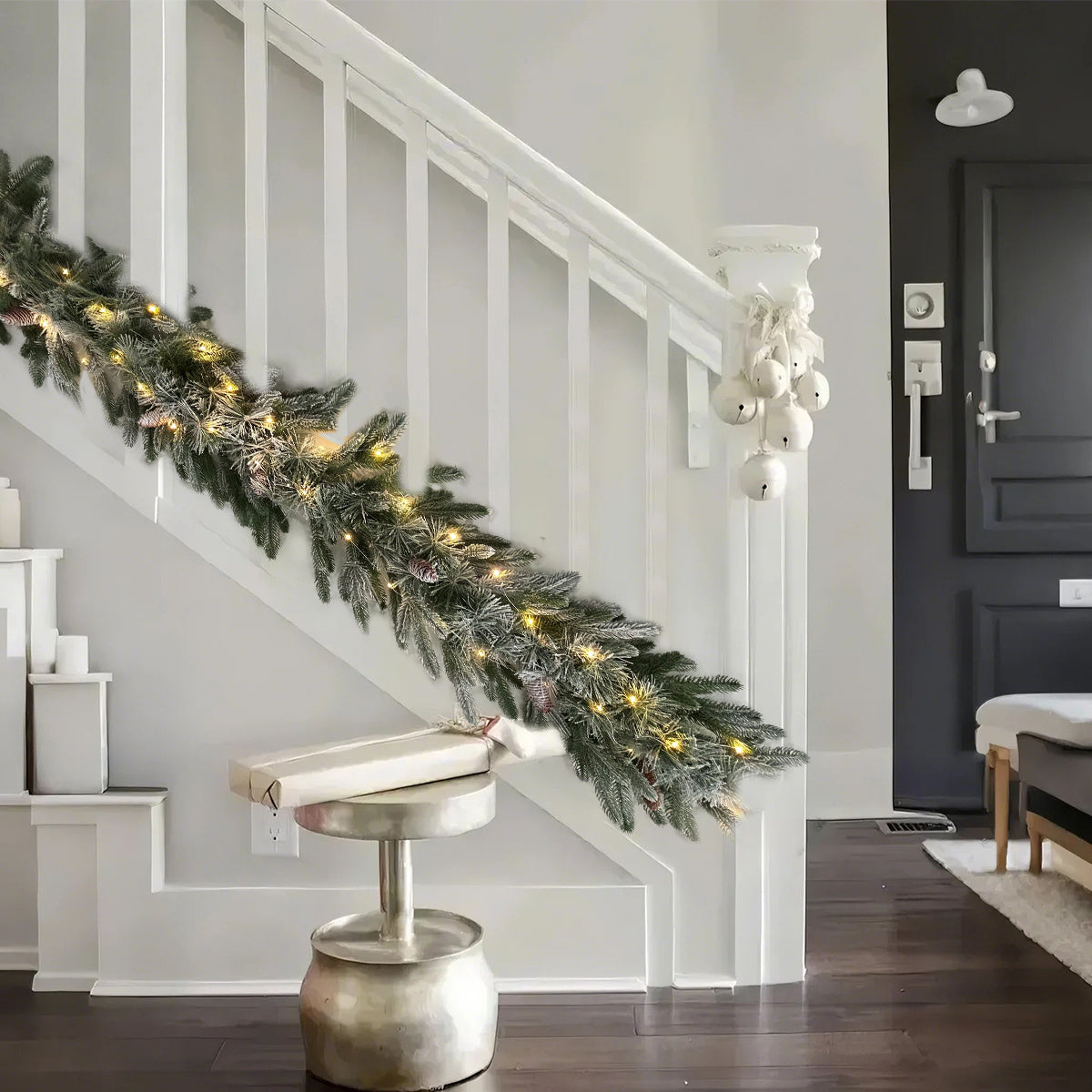 Pre-Lit Greenery Pine Cone Christmas Garland Flocked with Warm White Led Lights, Front Door Christmas Wreath, Teardrop Shape