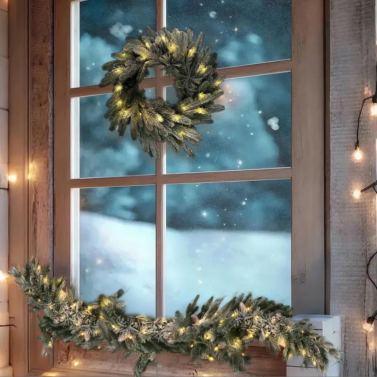 Pre-Lit Greenery Pine Cone Christmas Garland Flocked with Warm White Led Lights, Front Door Christmas Wreath, Teardrop Shape