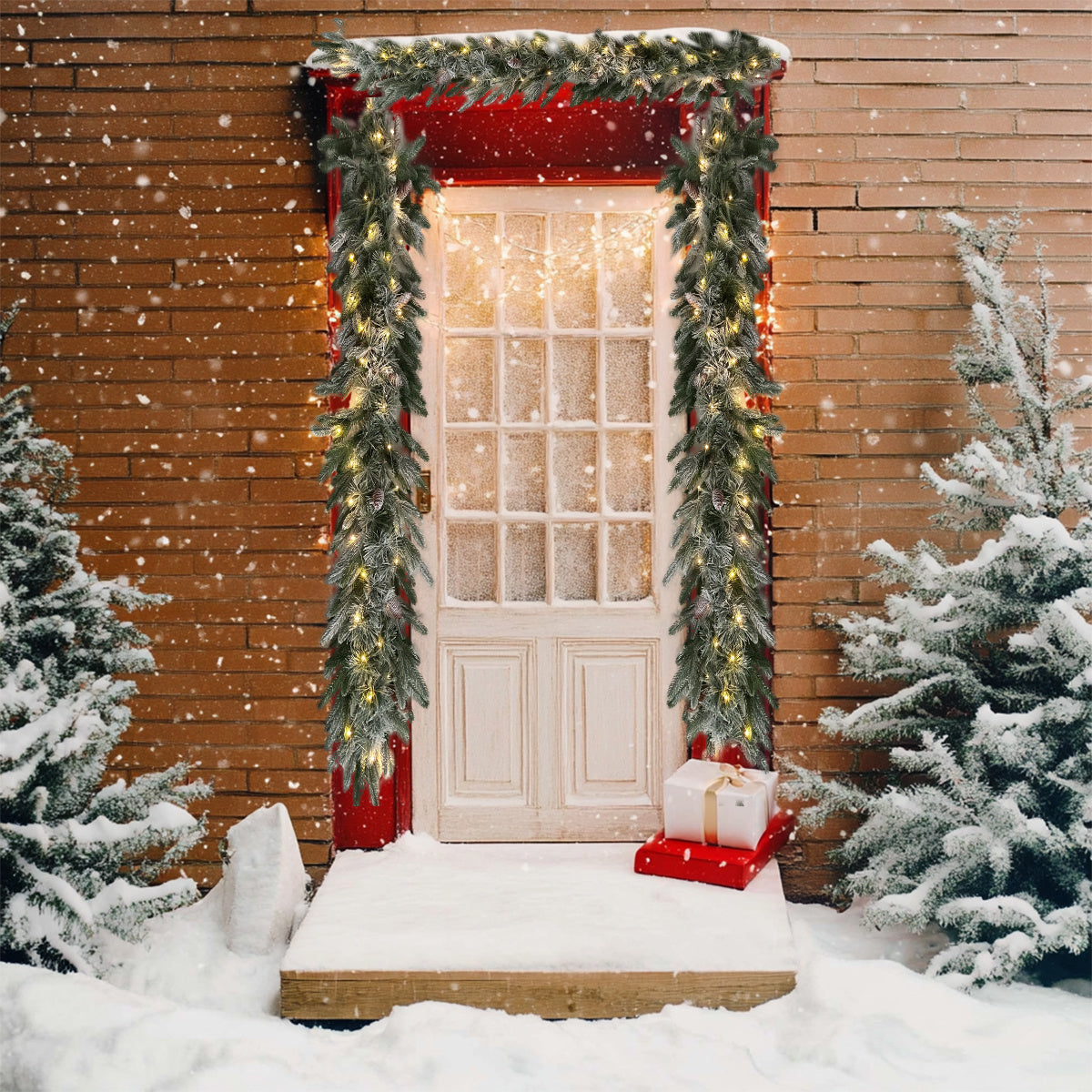 Pre-Lit Greenery Pine Cone Christmas Garland Flocked with Warm White Led Lights, Front Door Christmas Wreath, Teardrop Shape