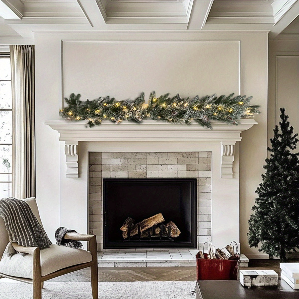 Pre-Lit Greenery Pine Cone Christmas Garland Flocked with Warm White Led Lights, Front Door Christmas Wreath, Teardrop Shape