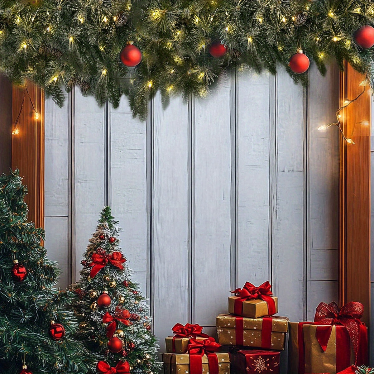 Pre-Lit Greenery Pine Cone Christmas Garland Flocked with Warm White Led Lights, Front Door Christmas Wreath, Teardrop Shape