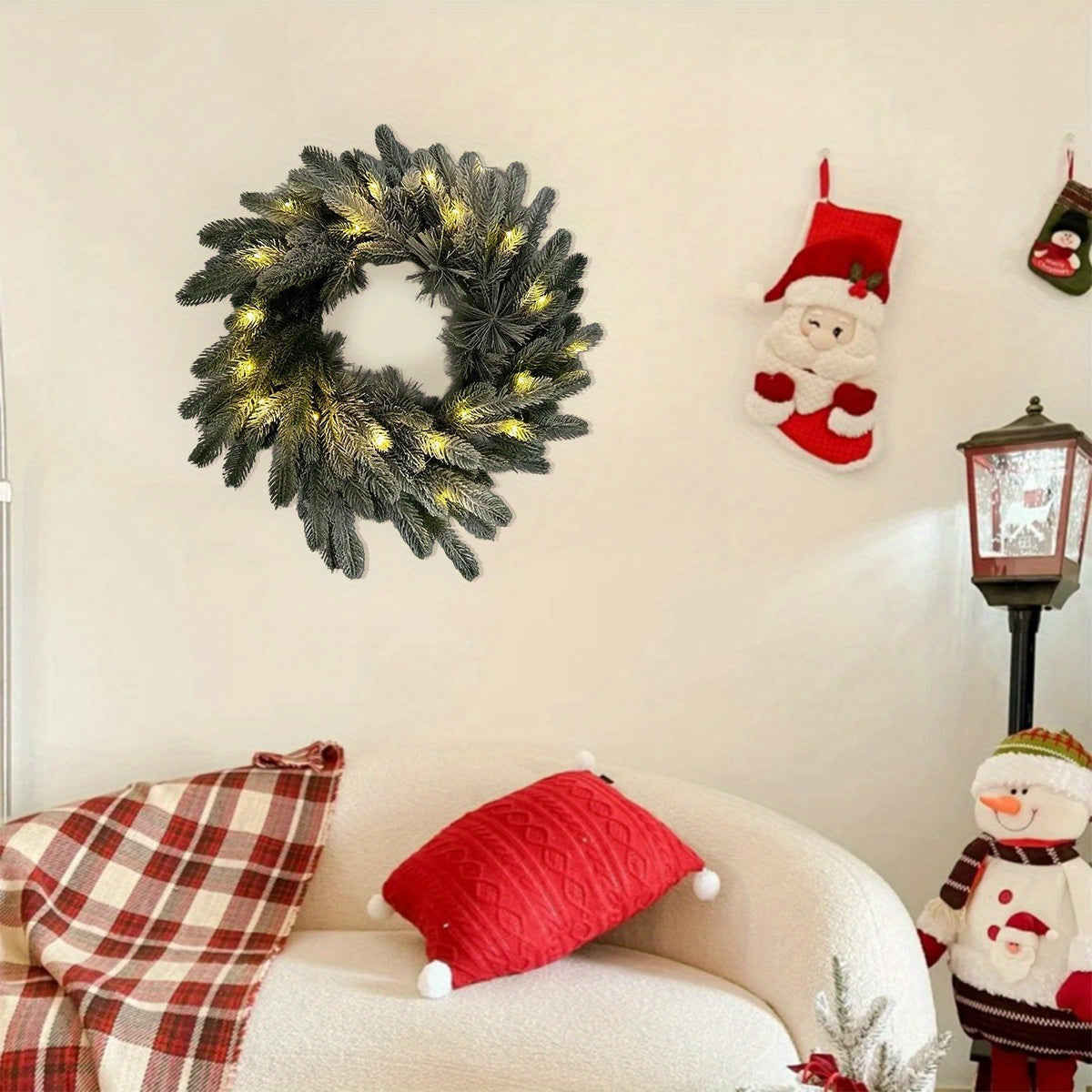 Pre-Lit Greenery Pine Cone Christmas Garland Flocked with Warm White Led Lights, Front Door Christmas Wreath, Teardrop Shape