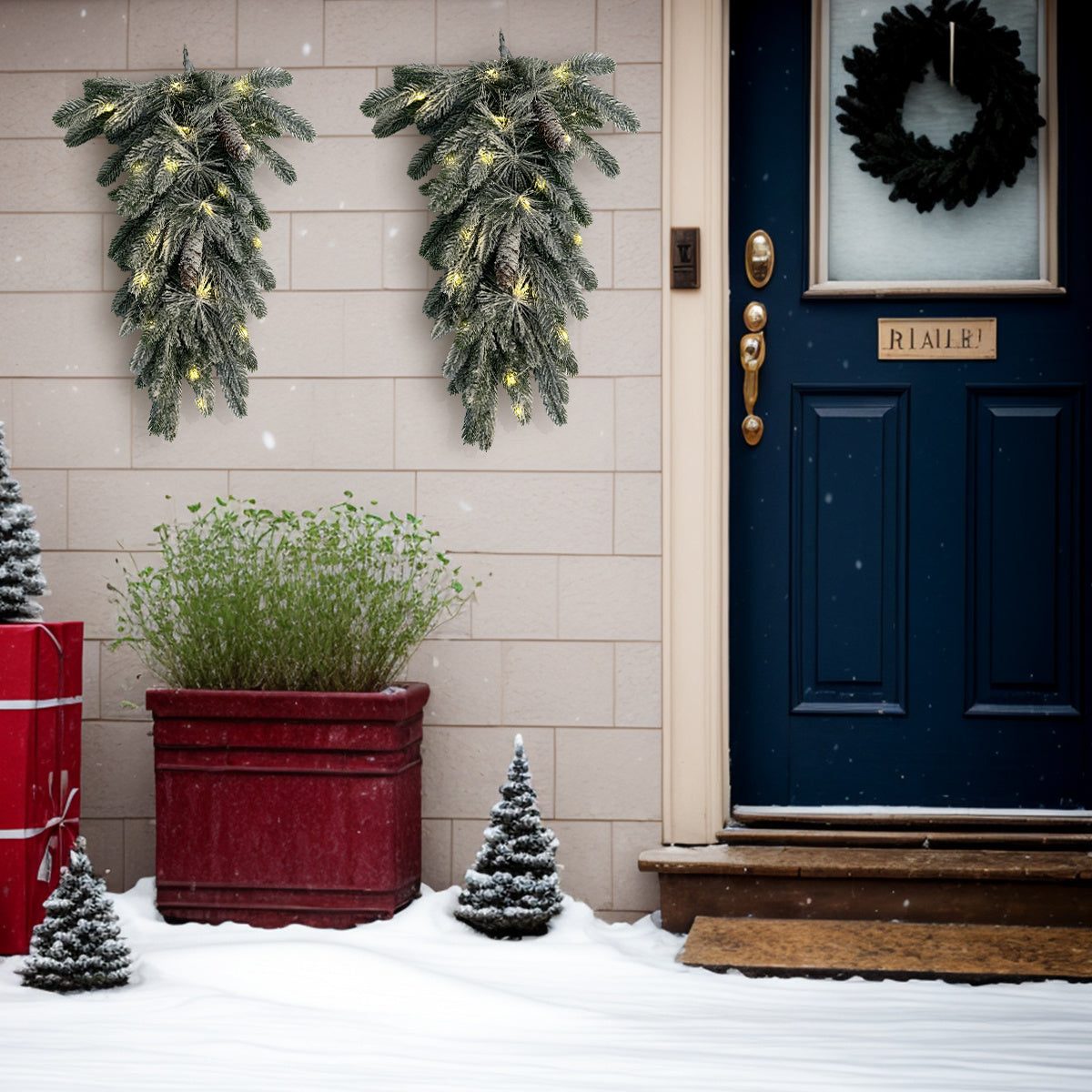 Pre-Lit Greenery Pine Cone Christmas Garland Flocked with Warm White Led Lights, Front Door Christmas Wreath, Teardrop Shape