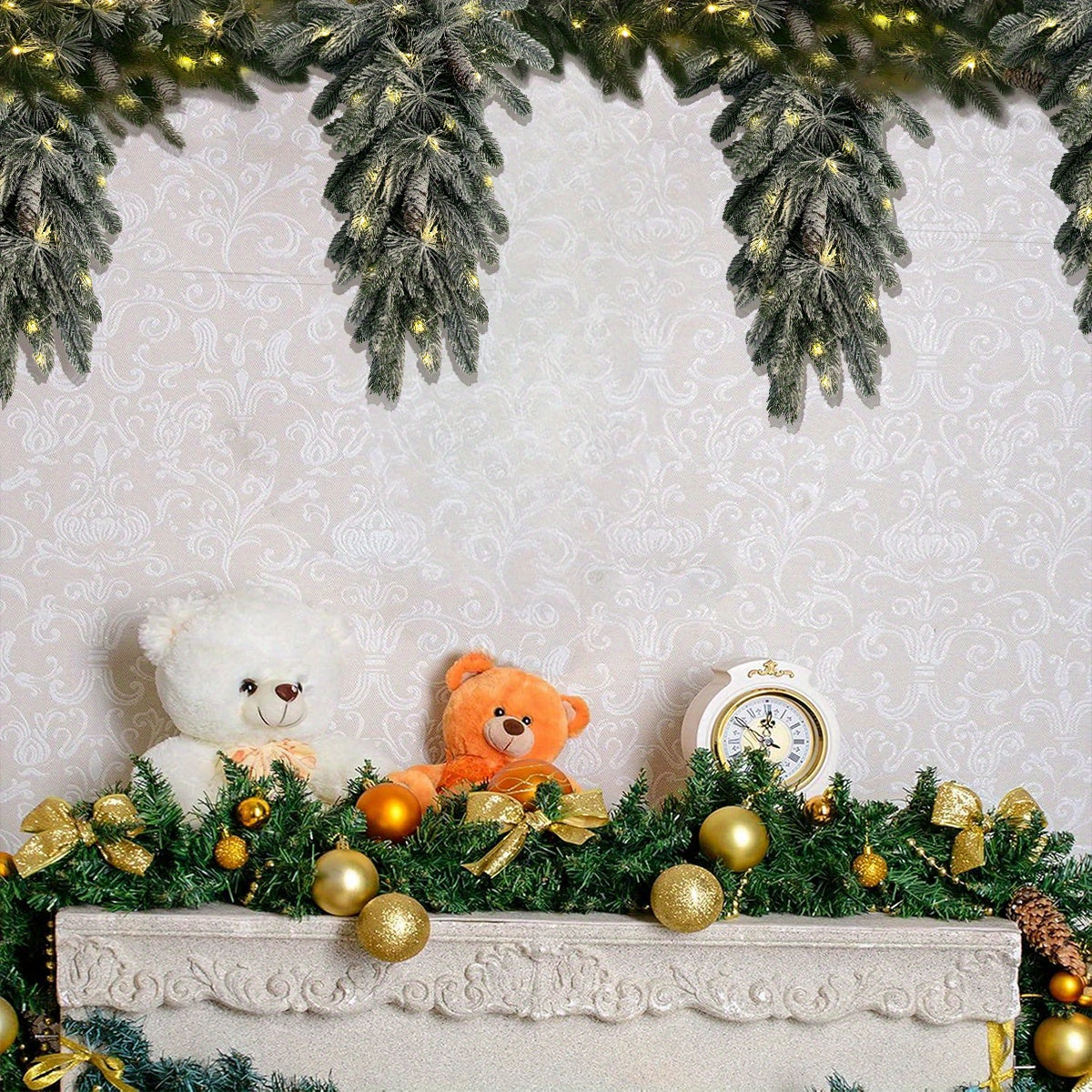 Pre-Lit Greenery Pine Cone Christmas Garland Flocked with Warm White Led Lights, Front Door Christmas Wreath, Teardrop Shape