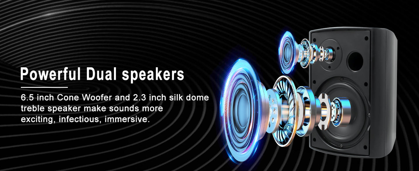 800W Outdoor Bluetooth Speakers Waterproof Wall Mount – 6.5" Dual Speakers with Powerful Bass & Swivel Brackets (Set of 4)