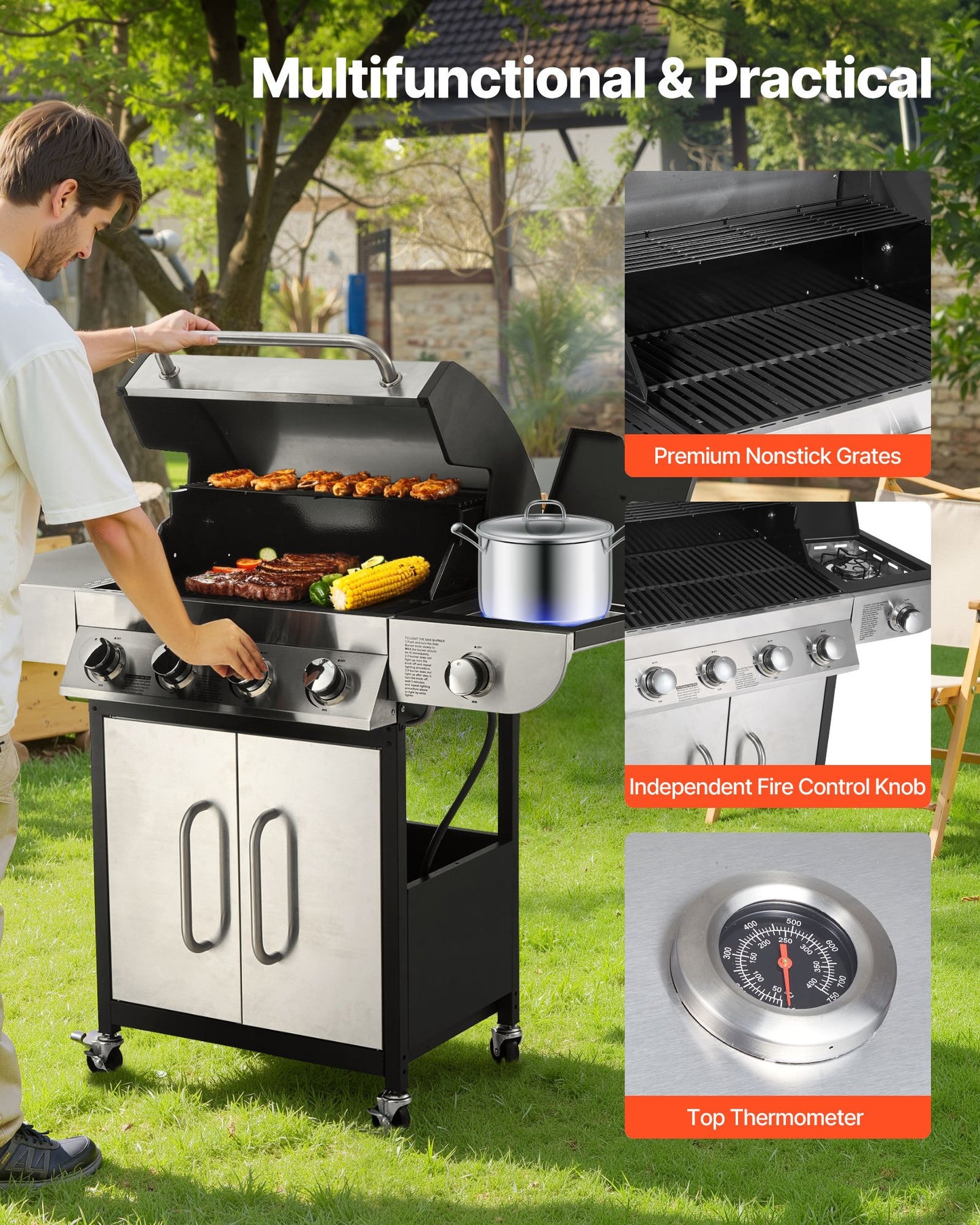 Gas Grill, 4 Burner Propane Gas Grill With Side Burner, 425 SQ.In Grilling Area, Carbon Steel Enamel Grates, Outdoor 52,000 BTU Patio Garden BBQ Grills With Two Side Shelves, Stainless Steel
