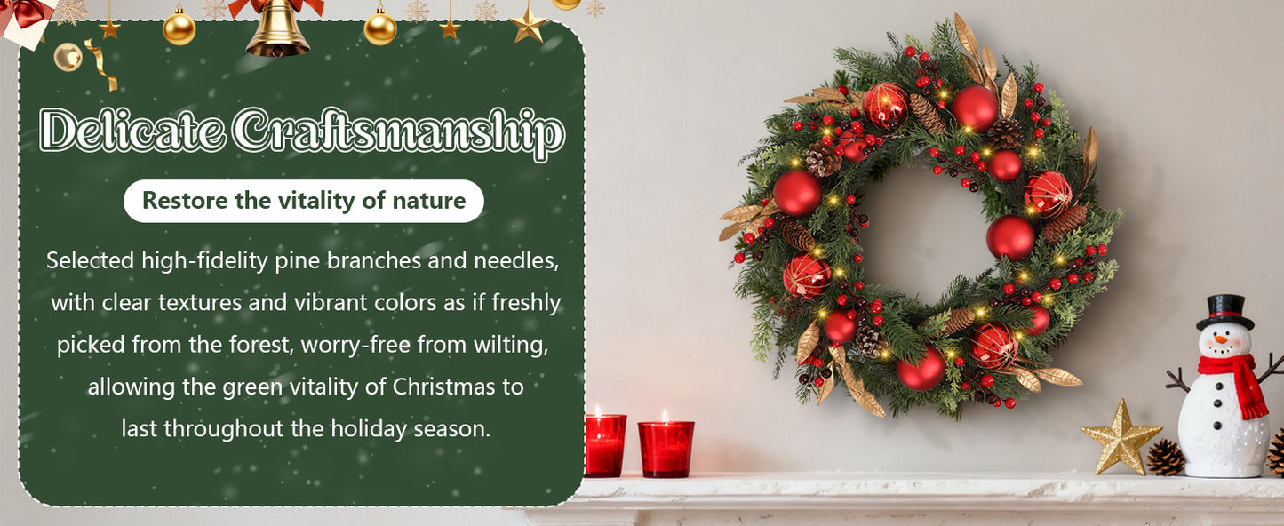 Battery Operated Christmas Wreath 24 Inch  No Cords Needed  50 LED Lights & Shatterproof Berry/Ball Decor, Perfect for Outdoor F