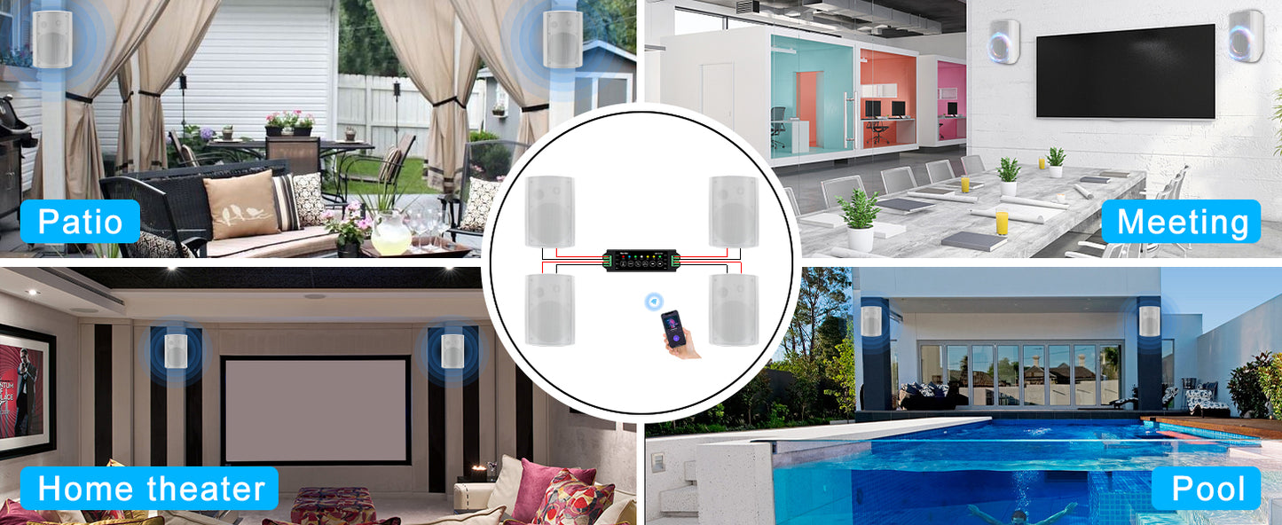 800W Outdoor Bluetooth Speakers Waterproof Wall Mount – 6.5" Dual Speakers with Powerful Bass & Swivel Brackets (Set of 4)