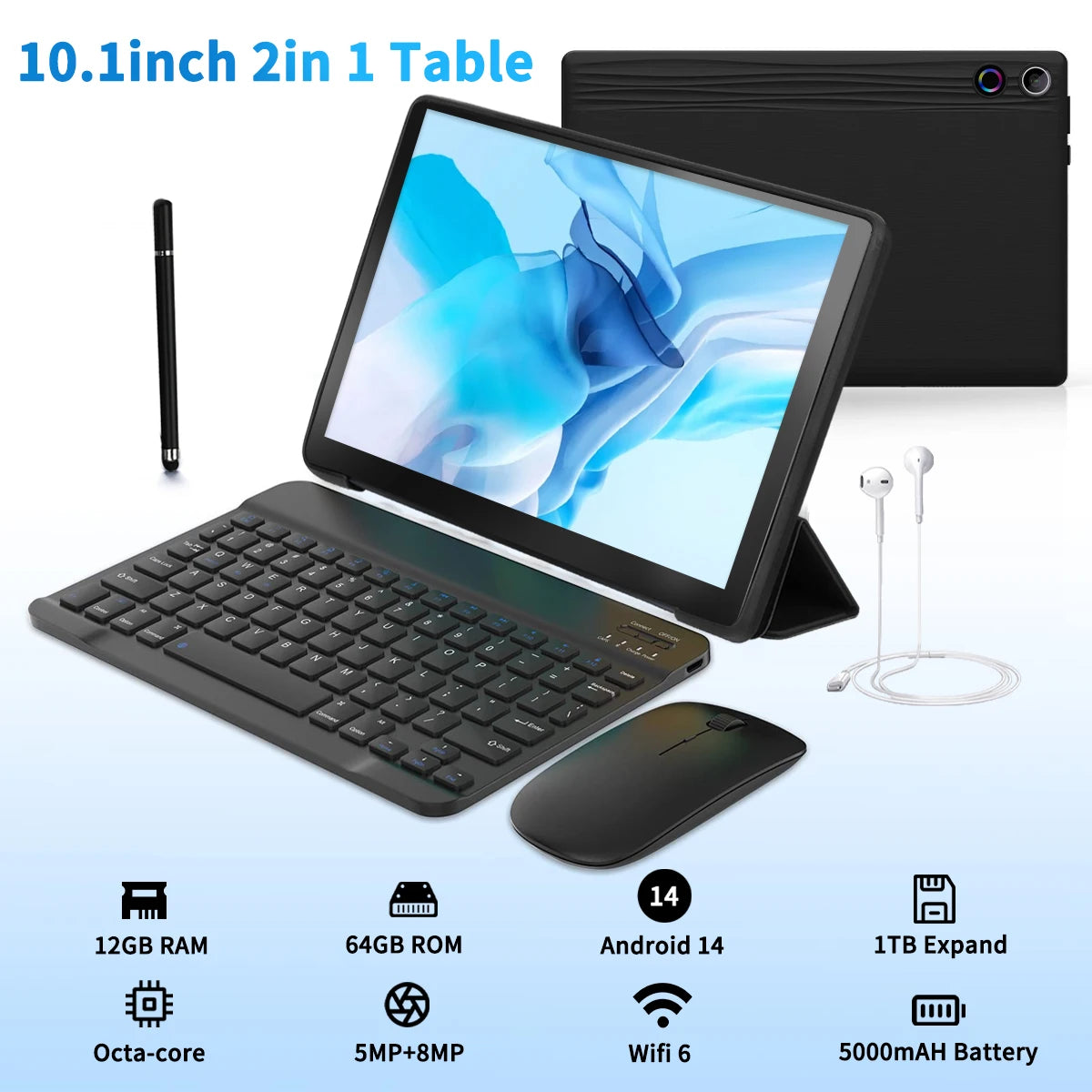 A10L 10.1-Inch Android 14 2-in-1 Tablet – 12GB RAM + 64GB Storage | 1TB Expandable | Octa-Core CPU | WiFi 6 | Keyboard, Mouse & Stylus Set