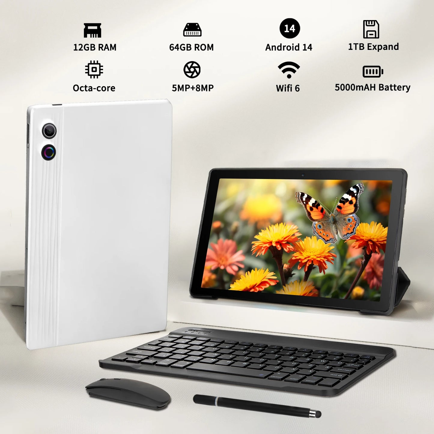 BESTSKI 10.1-Inch Android 14 Tablet – 8GB RAM + 64GB Storage | Octa-Core CPU | Face Unlock | Keyboard & Mouse Bundle