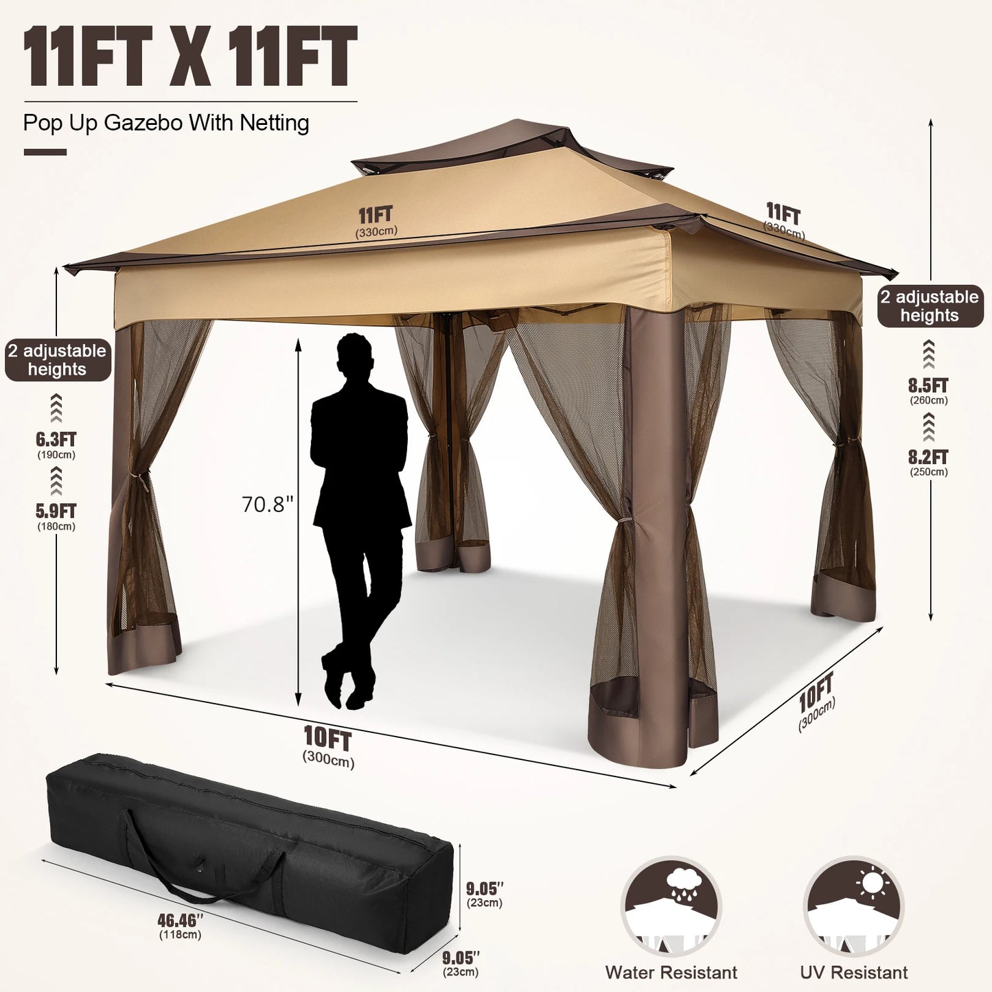 11x11FT Pop Up Gazebo Canopy Tent with Mosquito Netting & Carry Bag