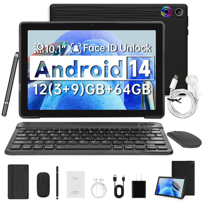 A10L 10-Inch Android 14 Tablet – 12GB RAM + 64GB Storage | Octa-Core CPU | Face Unlock | Keyboard, Mouse & Stylus Bundle
