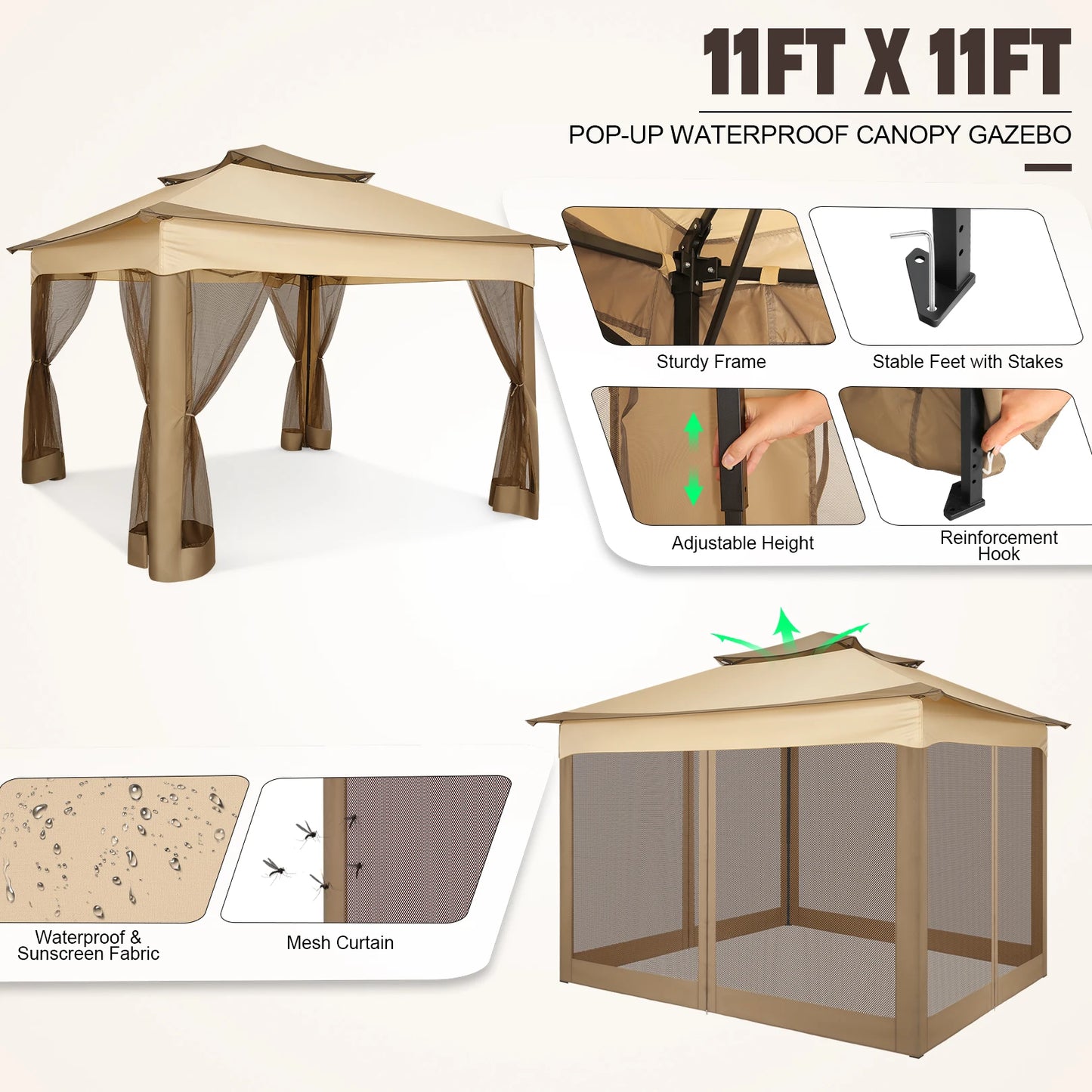 11x11FT Pop Up Gazebo Canopy Tent with Mosquito Netting & Carry Bag