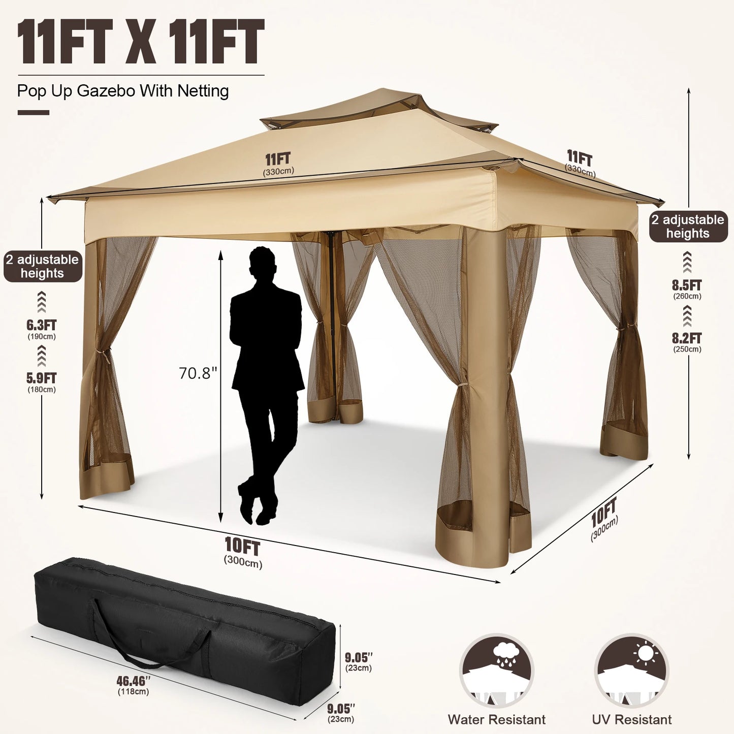 11x11FT Pop Up Gazebo Canopy Tent with Mosquito Netting & Carry Bag