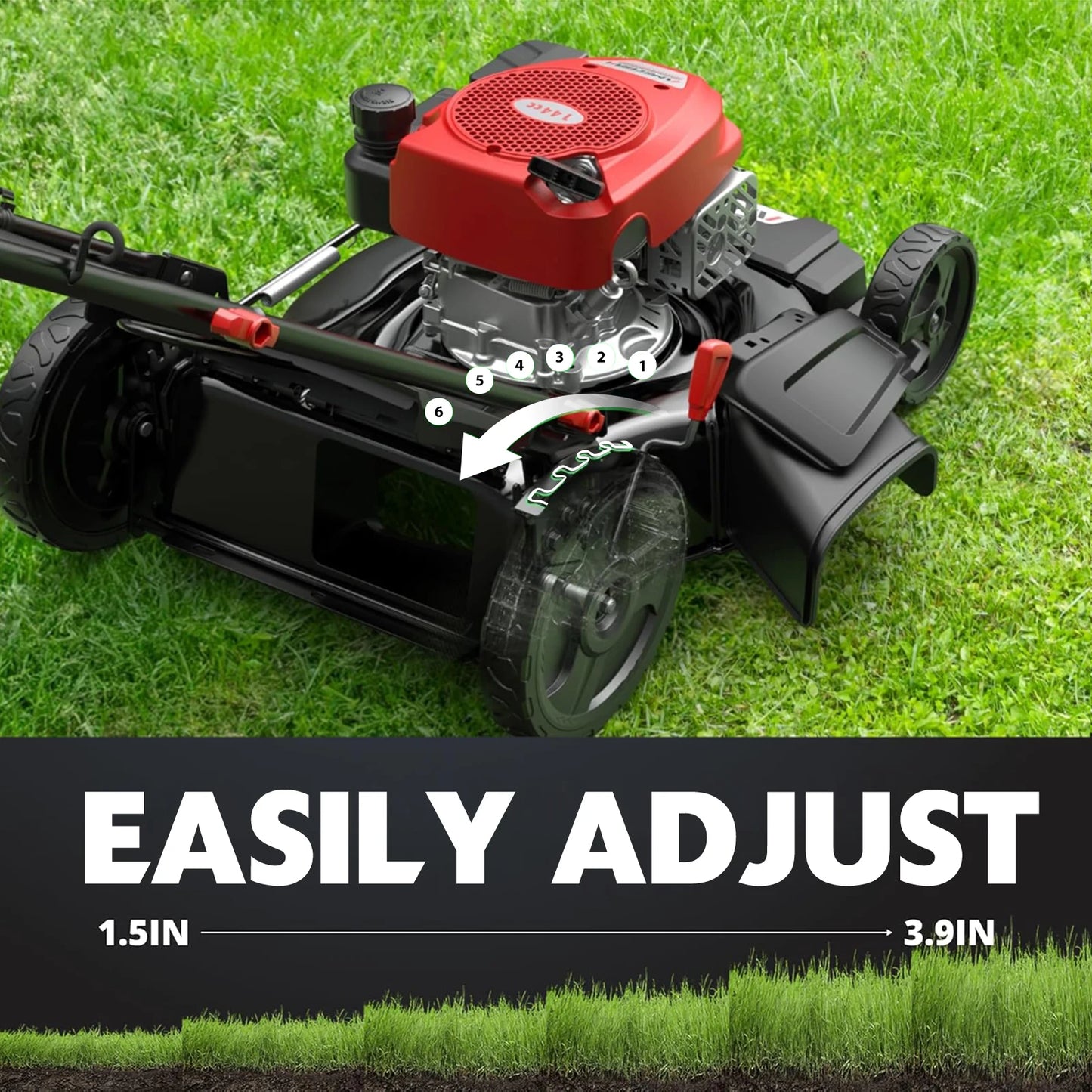 PowerSmart 21 in. 144cc Gas Push Lawn Mower, 2-in-1 Mulching and Discharge, 6-Position Height Adjustment, High Rear Wheels, Gard