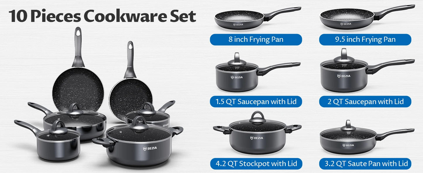 BEZIA Induction Cookware Pots and Pans Set – 10 Piece Nonstick, Dishwasher Safe with Stay-Cool Handles
