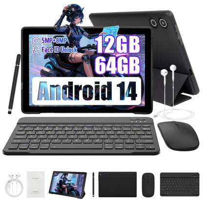 A10L 10-Inch Android 14 Tablet – 12GB RAM + 64GB Storage | Octa-Core CPU | Face Unlock | Keyboard, Mouse & Stylus Bundle